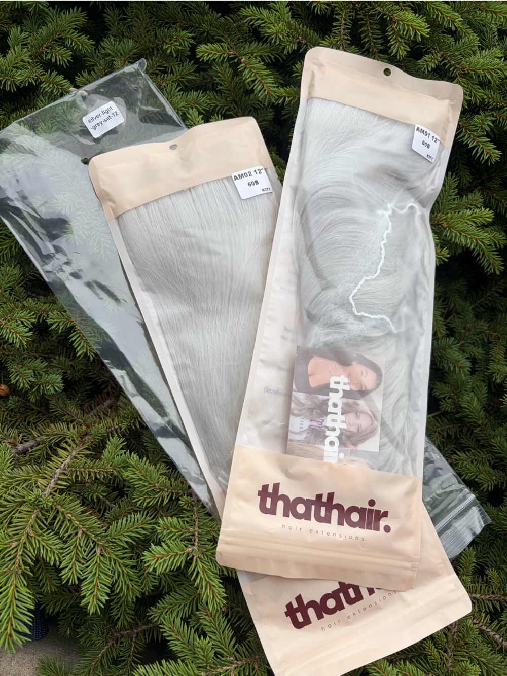 thathair. Silver Light Gray Hair Extensions - 12”